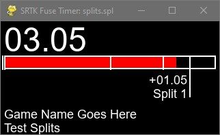 A speedrun timer that displays the total run time in big text then under it is a red "health bar" style bar that drains over time, with white hashmarks in it representing split points.