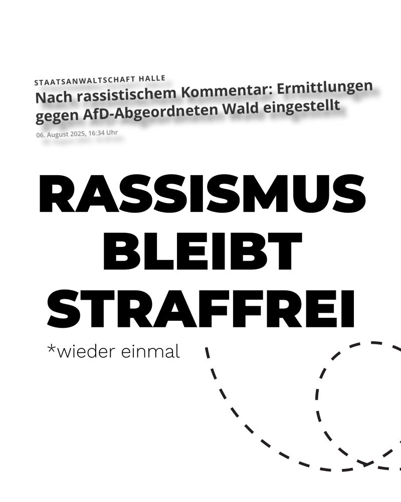 Screenshot einer Schlagzeile: „Nach rassistischem Kommentar: Ermittlungen gegen AfD-Abgeordneten Wald eingestellt“ mit Datum und Uhrzeit. Darunter in großen, schwarzen Großbuchstaben der Text: „Rassismus bleibt straffrei“. Klein darunter: „*wieder einmal“. Schlichtes, schwarz-weißes Layout mit gestrichelten Kreisen im Hintergrund.