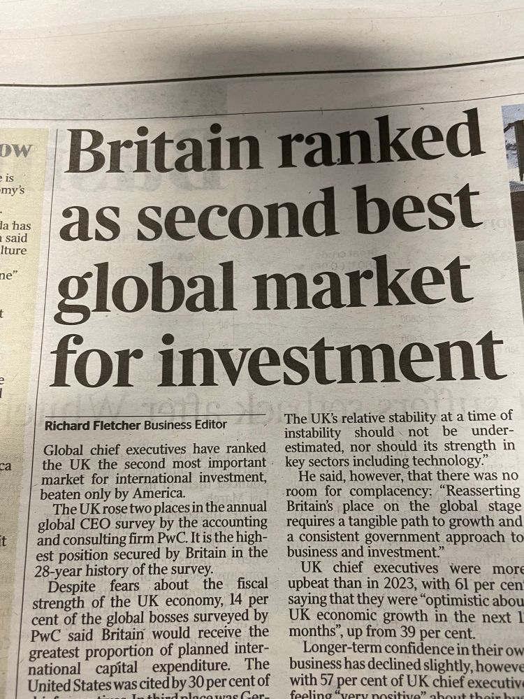 Times headline reporting that Britain is ranked as second best global market for investment by CEOs of major international companies.