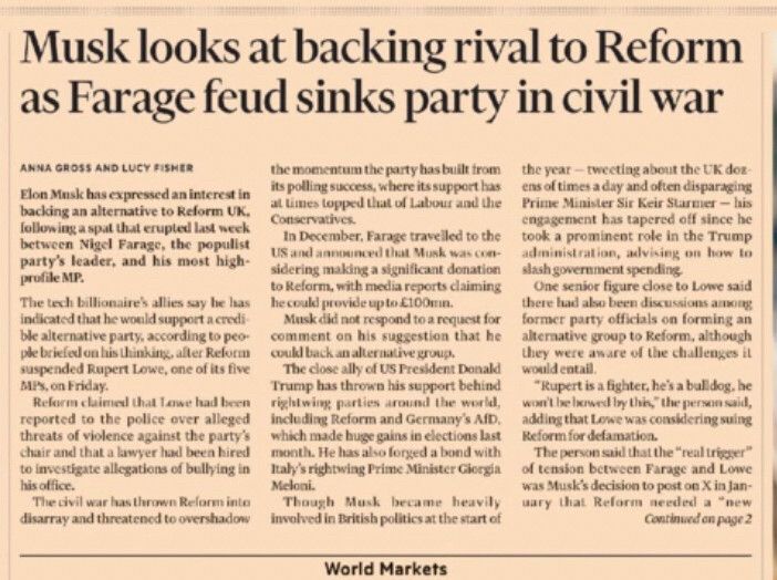 Musk might back rival to Reform, says FT.