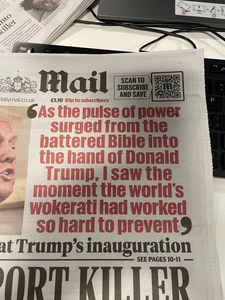 Daily Mail front page featuring Boris Johnson’s claim that he witnessed a ‘pulse of power’ surge from the ‘Bible into the hand of Donald Trump’.