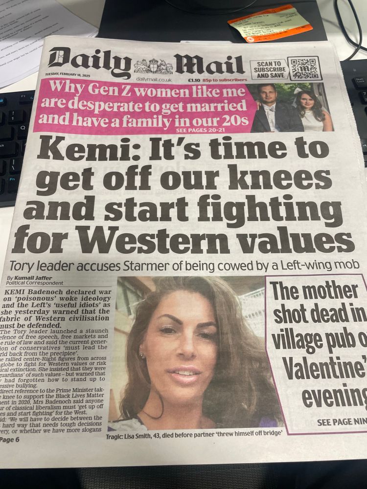 Daily Mail front page. Kemi: It’s time to get off our knees and start fighting for Western values.