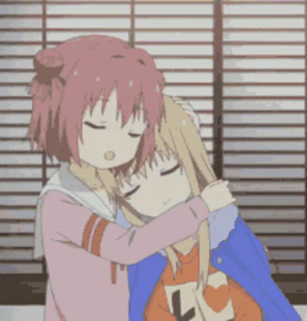 two anime girls hugging each other with one wearing a lc sweatshirt