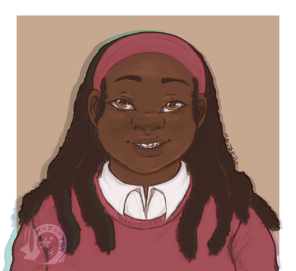 Character Eleanor Medulla, a black girl with big brown locs, golden eyes and a pink headband. Smiling at the viewer on a light brown background.