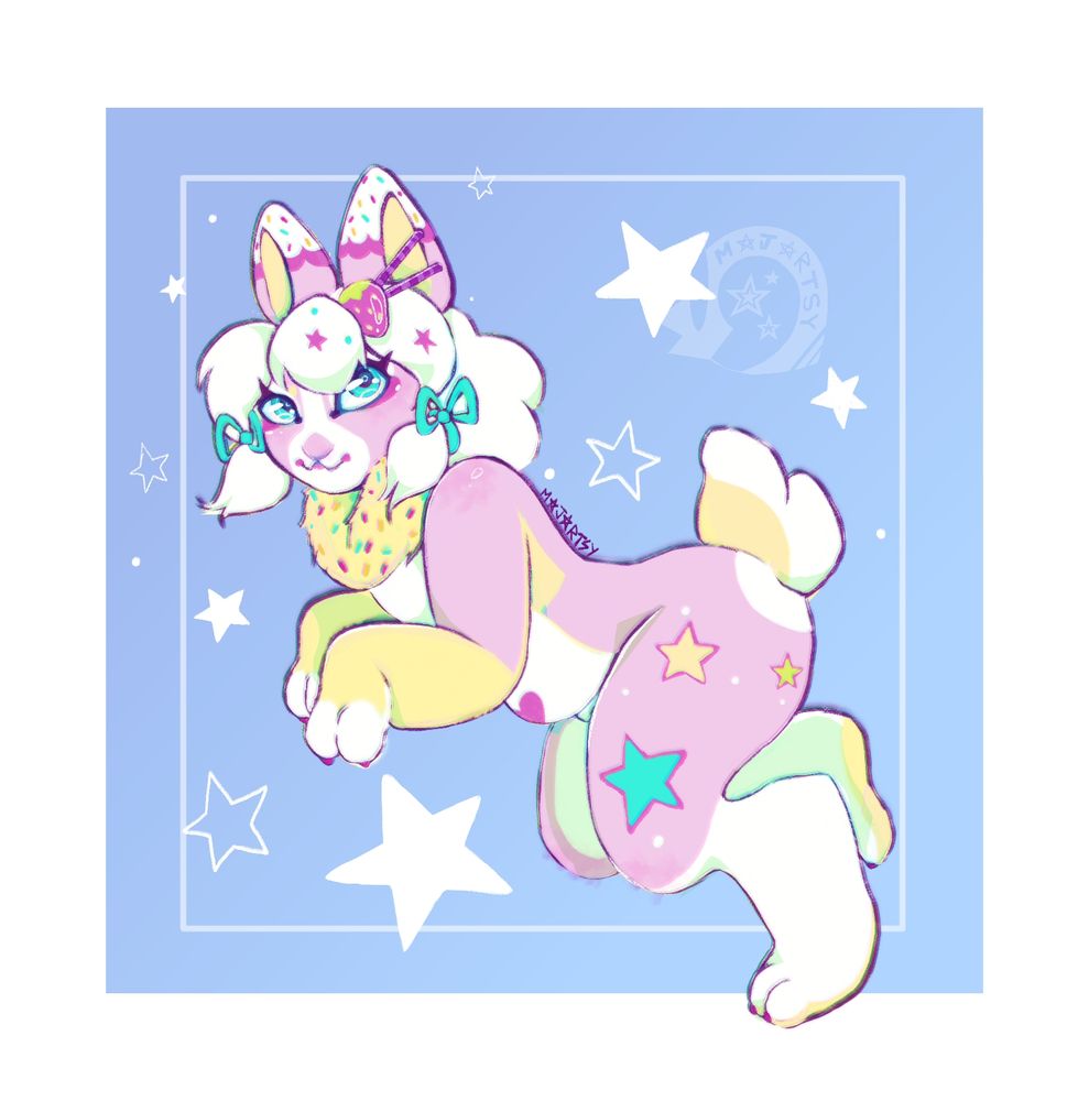 Character Konpeito, a pink candy bunny , hopping, on a blue background with white stars