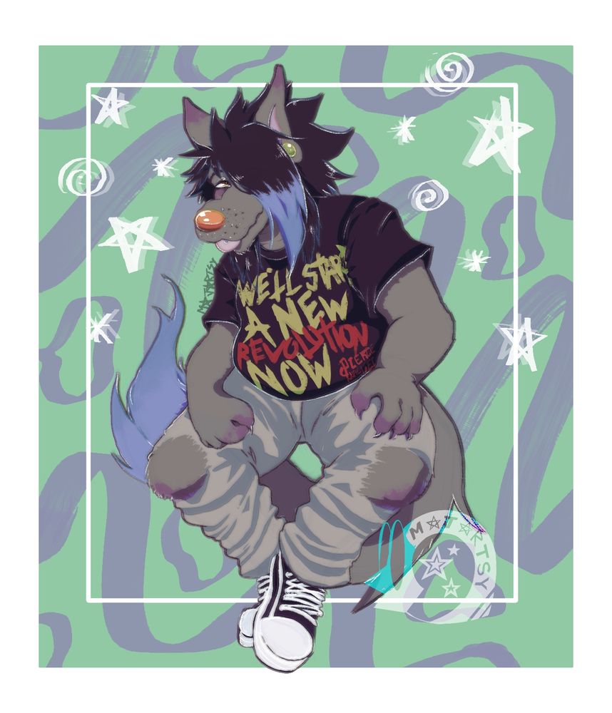 Character Marcus, a chubby furry teenager with a black and blue emo haircut. They're in a sitting position with a Pierce the veil "We'll start a new revolution" black Tshirt and gray ripped pants.