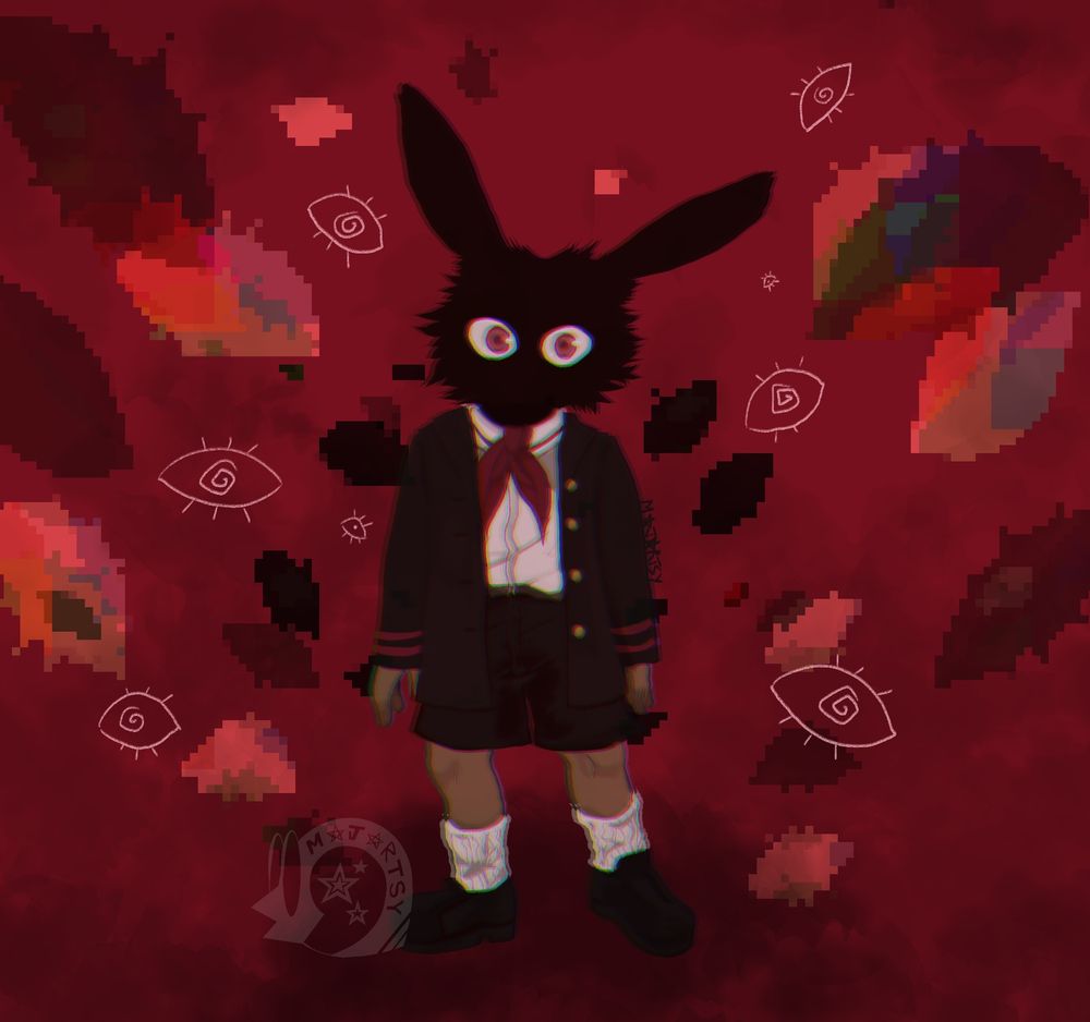 Character Elliot. Elliot is a child-looking character in a like black uniform with shorts and a red tie. Their head is a rabbit shaped with 2 red eyes staring at the viewer. The background is red with a bunch of eyes whom some staring as well.