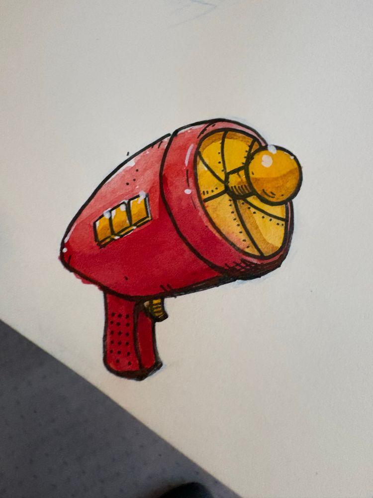 Ink and watercolor illustration of Earthworm Jim’s iconic red blaster gun