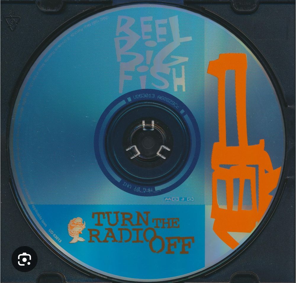 A cd of Reel Big Fish Turn the Radio Off. 
It's mostly blue with some orange