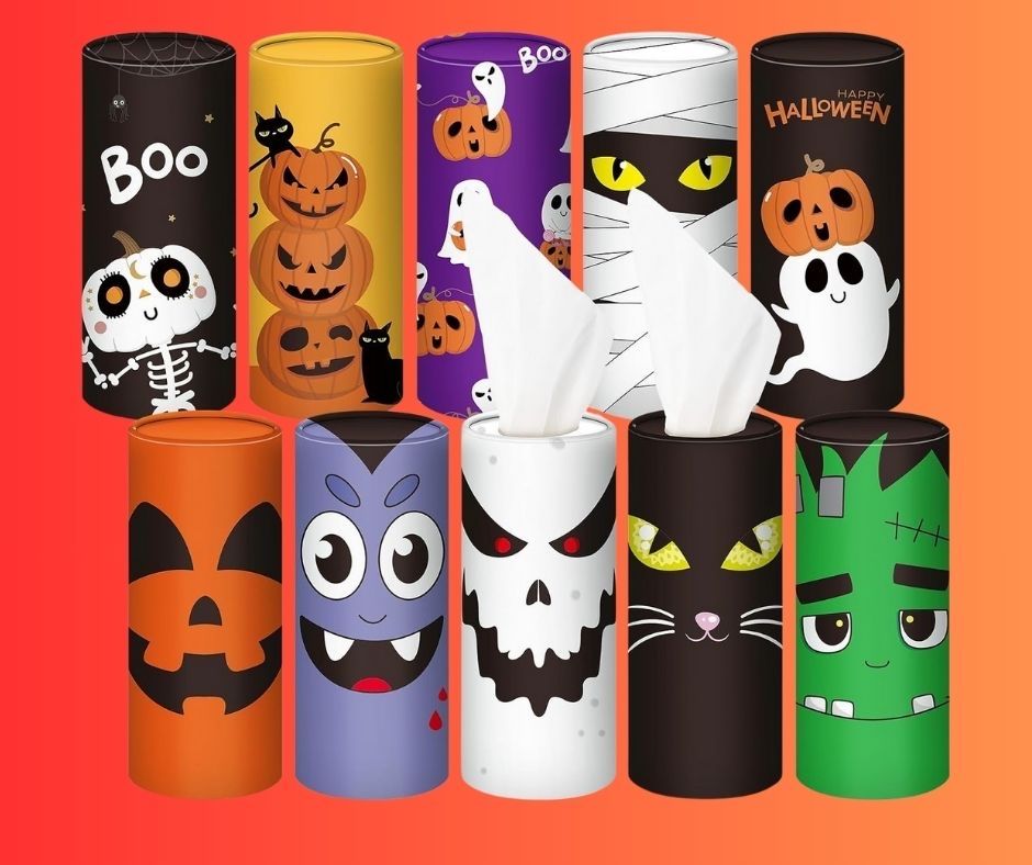 Hushee 10 Pieces Halloween Car Tissues Holder with 3 Ply Facial Tissues Paper Bulk Trick or Treat Car Tissues Cylinder Round Car Tissues Tube for Halloween Car Cup Holder Home Office Supplie