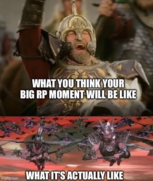 Meme with Theoden from LOTR and Vulcan from Flash Gordon showcasing the difference between their big charges.