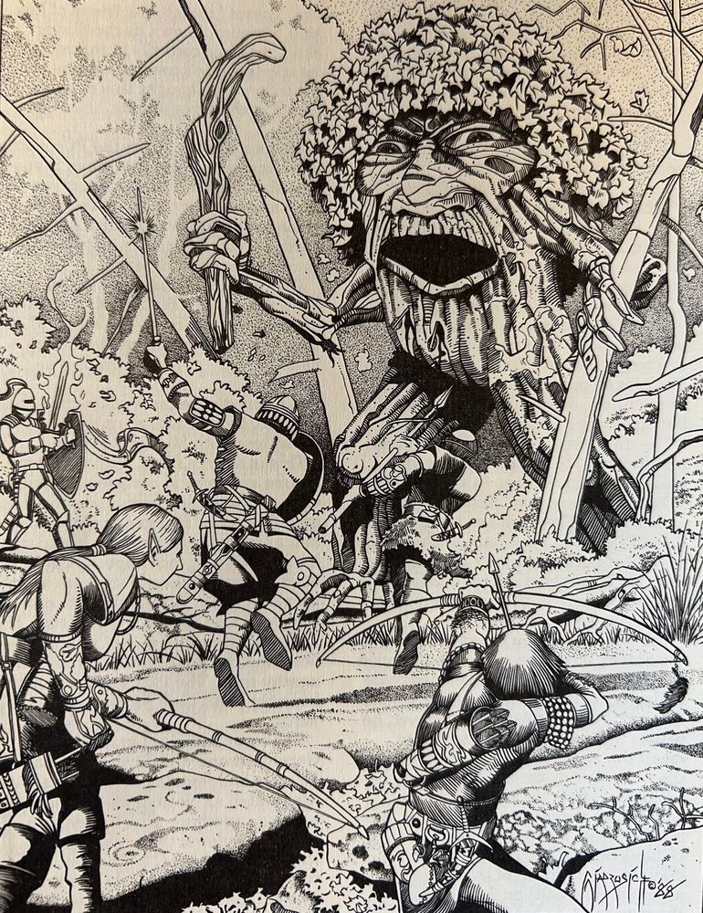 A party of two archers and three warriors fight an insanely angry treant deep in a primeval forest.