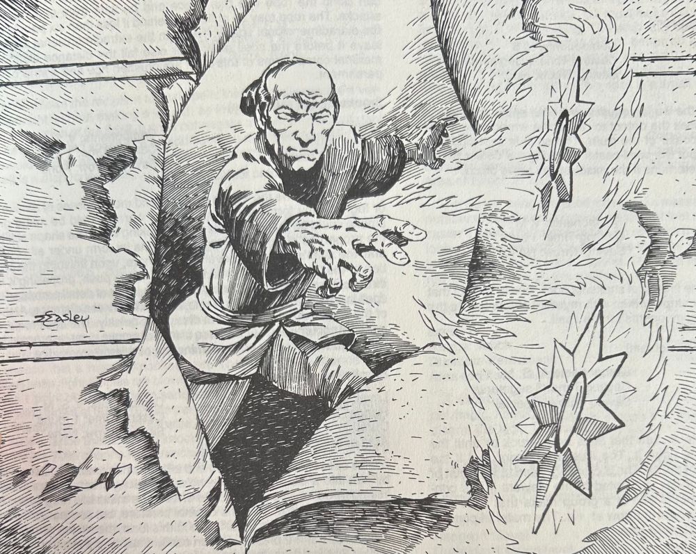 A Wu Jen wizard blasts flaming shuriken through a paper wall.
