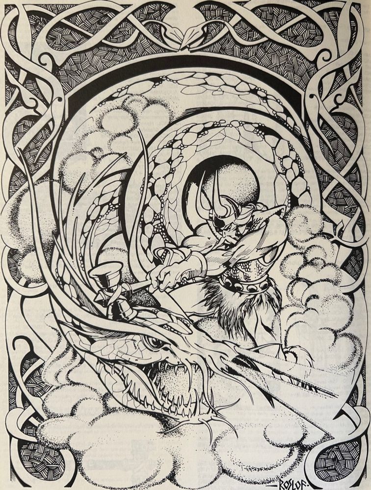 Thor smashes a dragon on its head with his hammer in this psychedelic b&w piece that is reminiscent of black light posters.