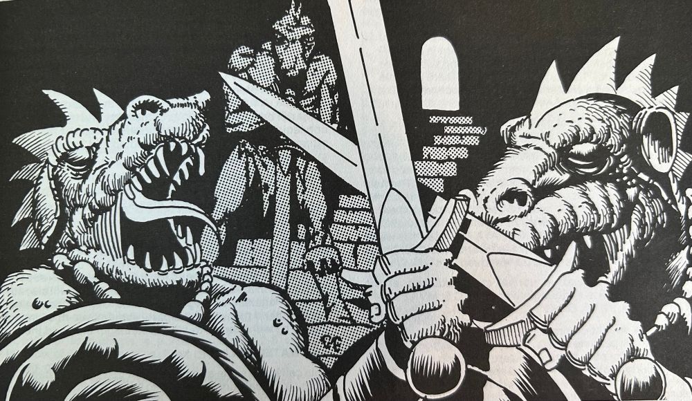 Two lizard man warriors duel in a practice hall, while nearby their lieutenant leans in his sword and watches them.