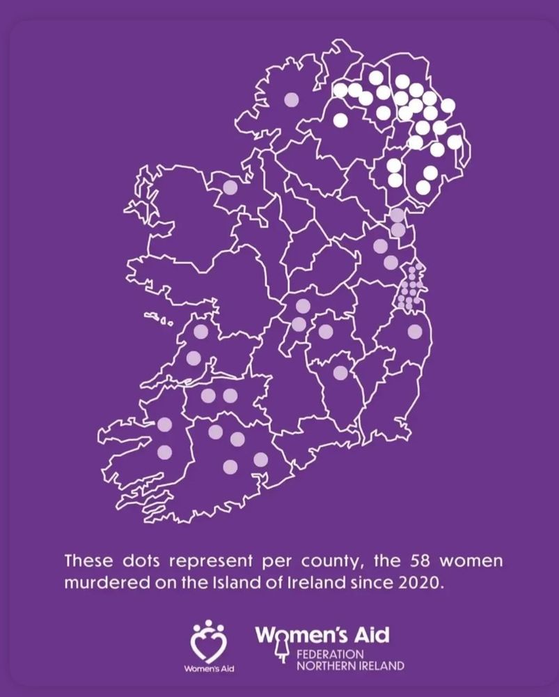 This is a graphic showing the location of the 58 women murdered on the island of Ireland since 2020, with pronounced clusters in the North