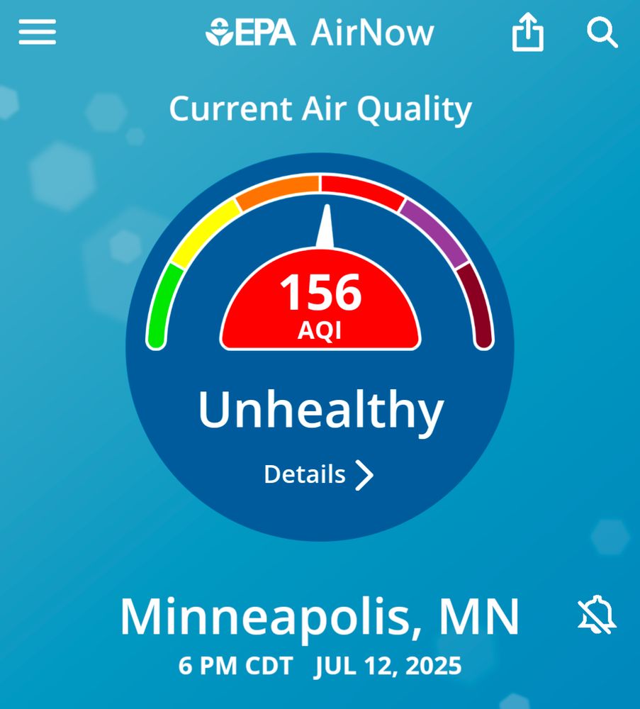 screenshot of EPA air quality app showing unhealthy air in Minneapolis.