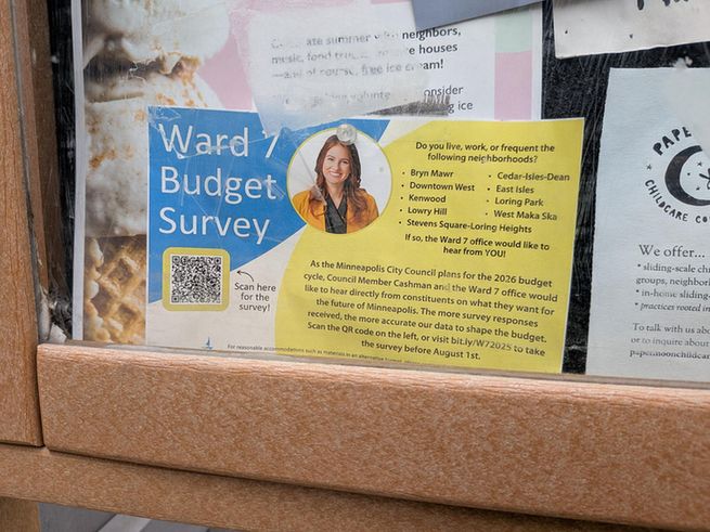 katie cashman budget survey placard and qr code posted on a park bulletin board.