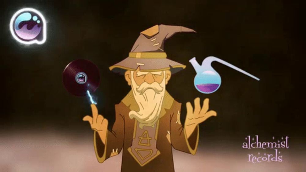 an ad for alchemist records shows a wizard holding a cd and a flask