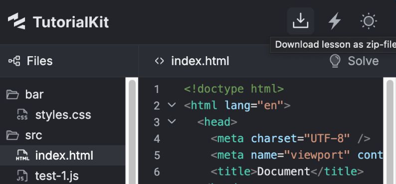 TutorialKit v1.3.0 with download zip-file button