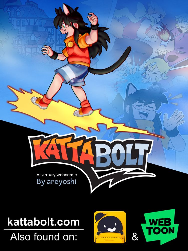 Kattabolt comic advertisement featuring original character Alex, a cute cat girl in colorful clothes who is happily riding on a lightning bolt. She has long black hair and big glasses. There are low opacity art examples from the comic seen in the sky behind her. The image has the web address for Kattabolt and also shows that it's available to read on Tapas and Webtoon as well.