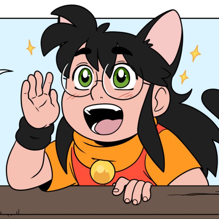 cropped comic panel from the webcomic Kattabolt. Alex the cat girl has long black hair, green eyes, big round glasses, and cat ears along with her human ears. She looks excited and happy as she calls out to someone we can't see.