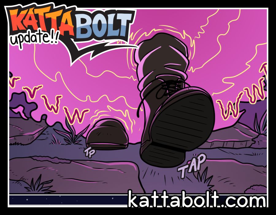 kattabolt webcomic promo. There is a swirling pink portal with some boots stepping out of it and towards the viewer.
