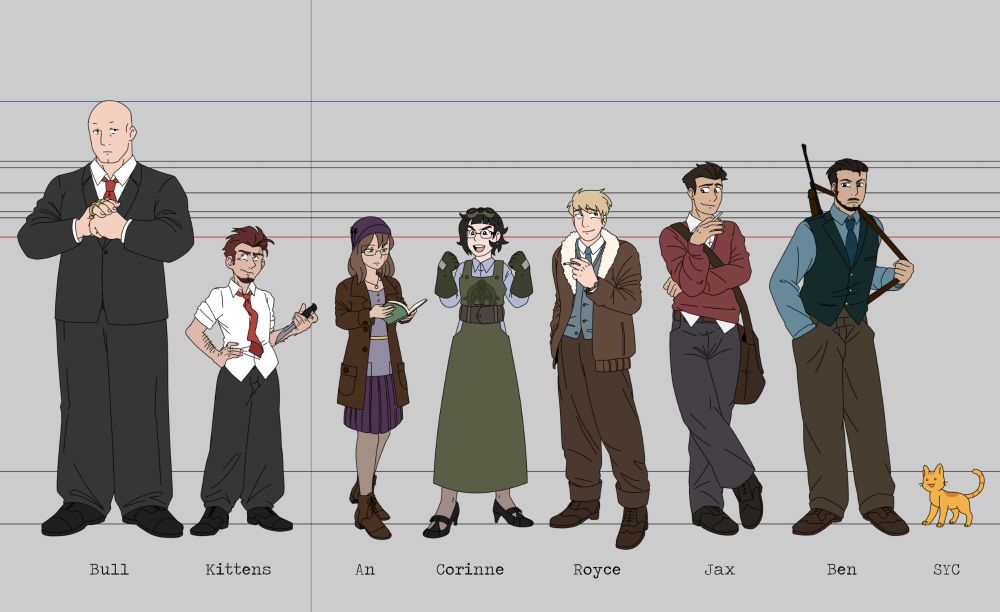 Character lineup art featuring seven people and a cat. From left to right, their names are Bull, Kittens, An, Corinne, Royce, Jax, and SYC (the cat). Bull is the tallest by far and Kittens is the smallest (obviously not counting the actual cat.) They are all dressed well to reflect the 1920s.