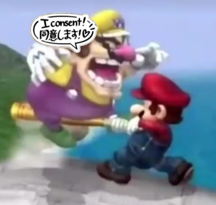 Wario hits in the balls with a basketball. With the sticker "I consent"