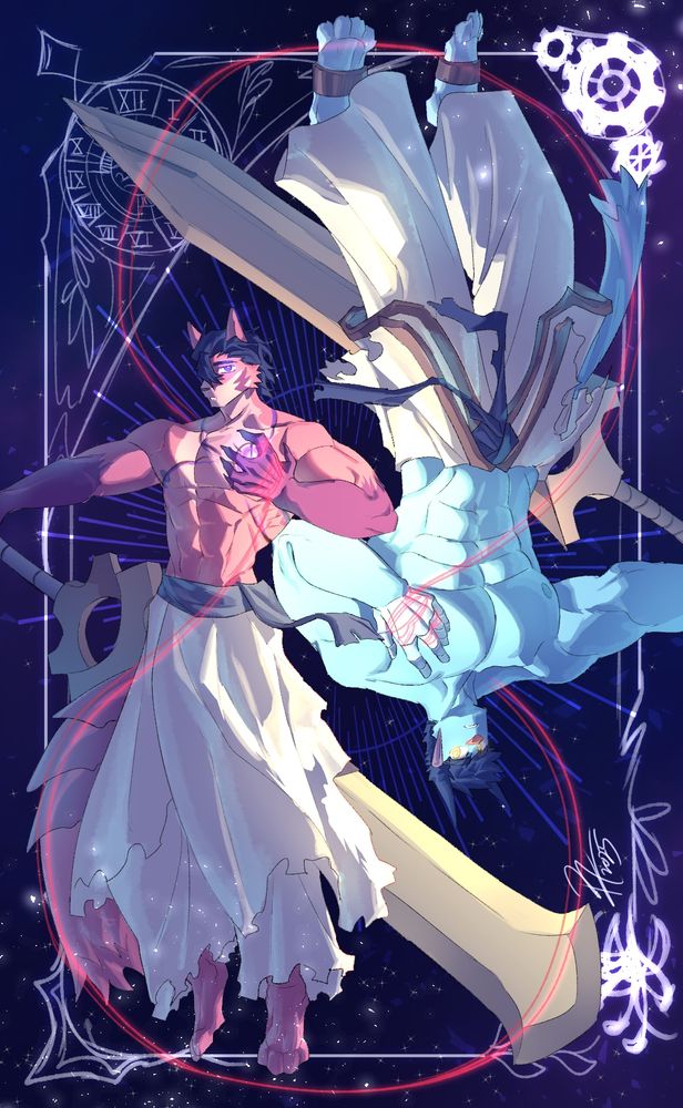 Reiynos and Thunder in a space background standing/floating next to each other yet facing away from each other while holding their blades respectively. They both have their hand clutching their chests, with a red thread wrapped on them, tangled around to create some sort of infinity symbol.