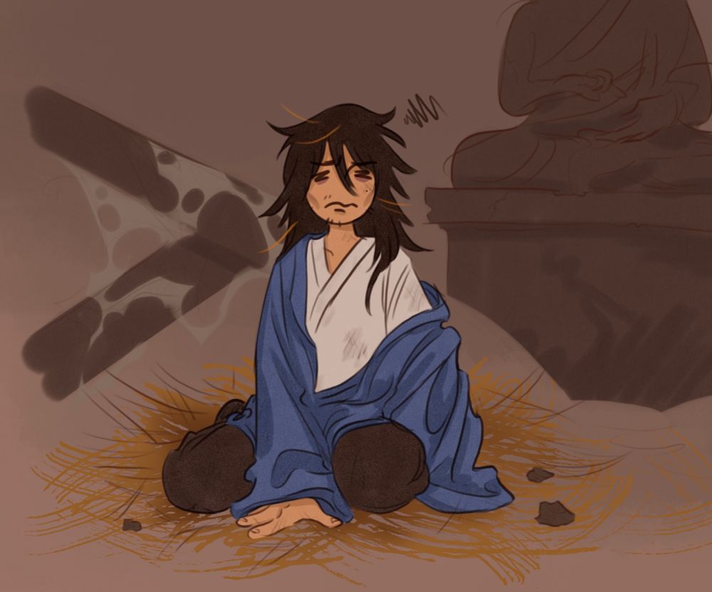 Simple drawing of Zhou Zishu sitting in a pile of hay in a run down temple. His outer robe is sliding off his shoulder and there’s pieces of straw in his messy hair. He looks gaunt, sleepy, and a bit dirty. There’s a Buddha statue and cobweb covered planks behind him.  