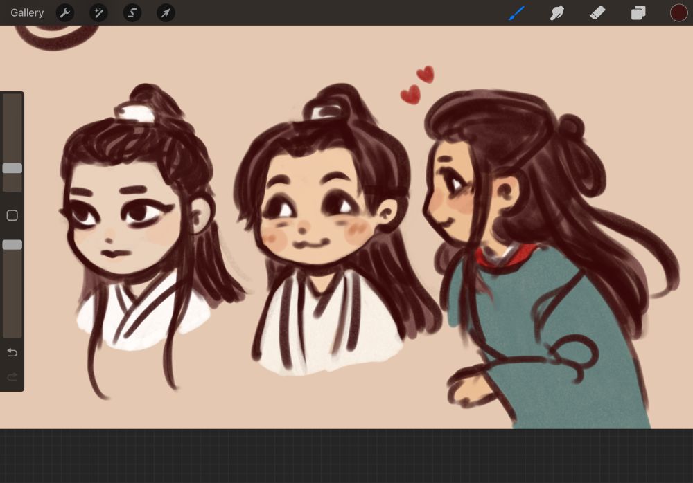 Three chibi doodles of Word of Honor characters. Left: a bored looking Ye Baiyi. Middle: Zhou Zishu looking left with a cheeky smile. Right: Wen Kexing gazing lovingly at Zhou Zishu, invading his personal space. 
