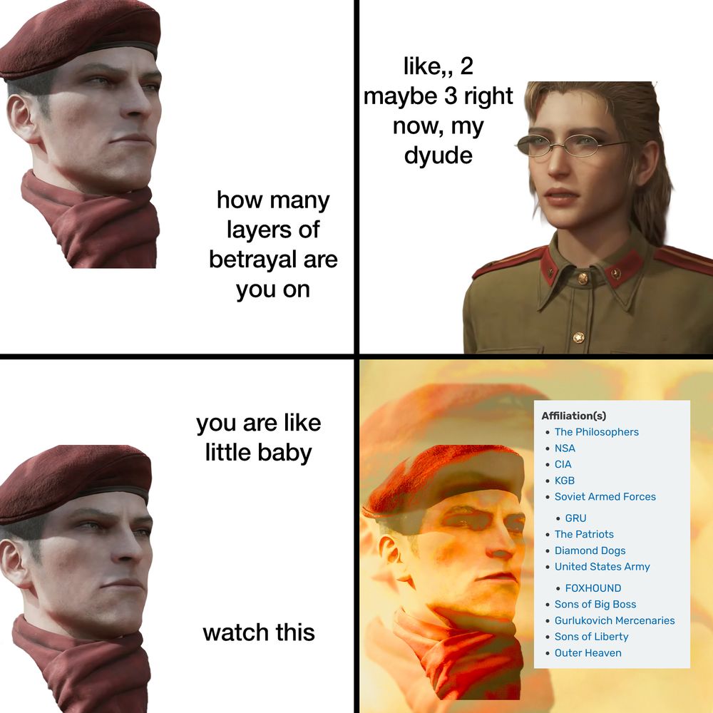 Major Ocelot: how many layers of betrayal are you on
Tatyana: like,, 2 maybe 3 right now, my dyude
Ocelot: you are like little baby
             watch this

Affiliation(s)
 The Philosophers
 NSA
 CIA
 KGB
 Soviet Armed Forces
     GRU
 The Patriots
 Diamond Dogs
 United States Army
     FOXHOUND
 Sons of Big Boss
 Gurlukovich Mercenaries
 Sons of Liberty
 Outer Heaven