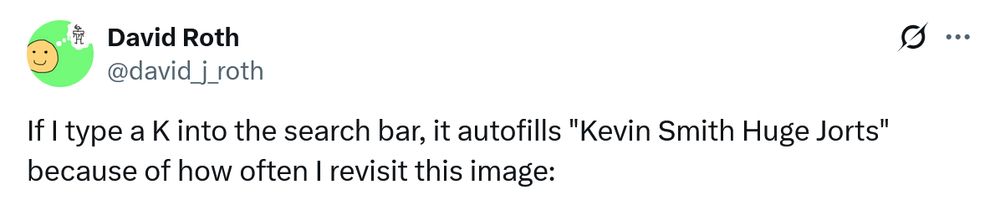 "If I type a K into the search bar, it autofills "Kevin Smith Huge Jorts" because of how often I revisit this image"