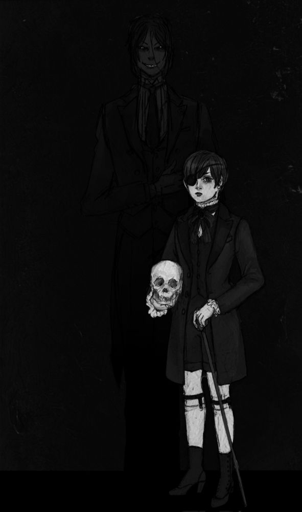 An enhanced version of the portrait reveals Sebastian Michaelis standing behind Ciel.  His eyes and sharp teeth gleam brightly in the dark.