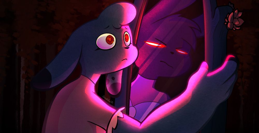 A bunny in a pink dress holding a mirror. The reflection is dark purple bunny.