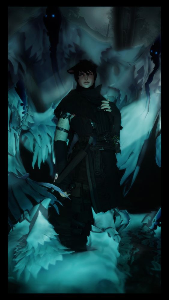 A man dressed in dark leathers stands in the center, with lighting reflecting the waves of water over his body. He is surrounded by 5 ghostly forms, two grabbing at his ankles from the water and 3 hovering around his shoulders.