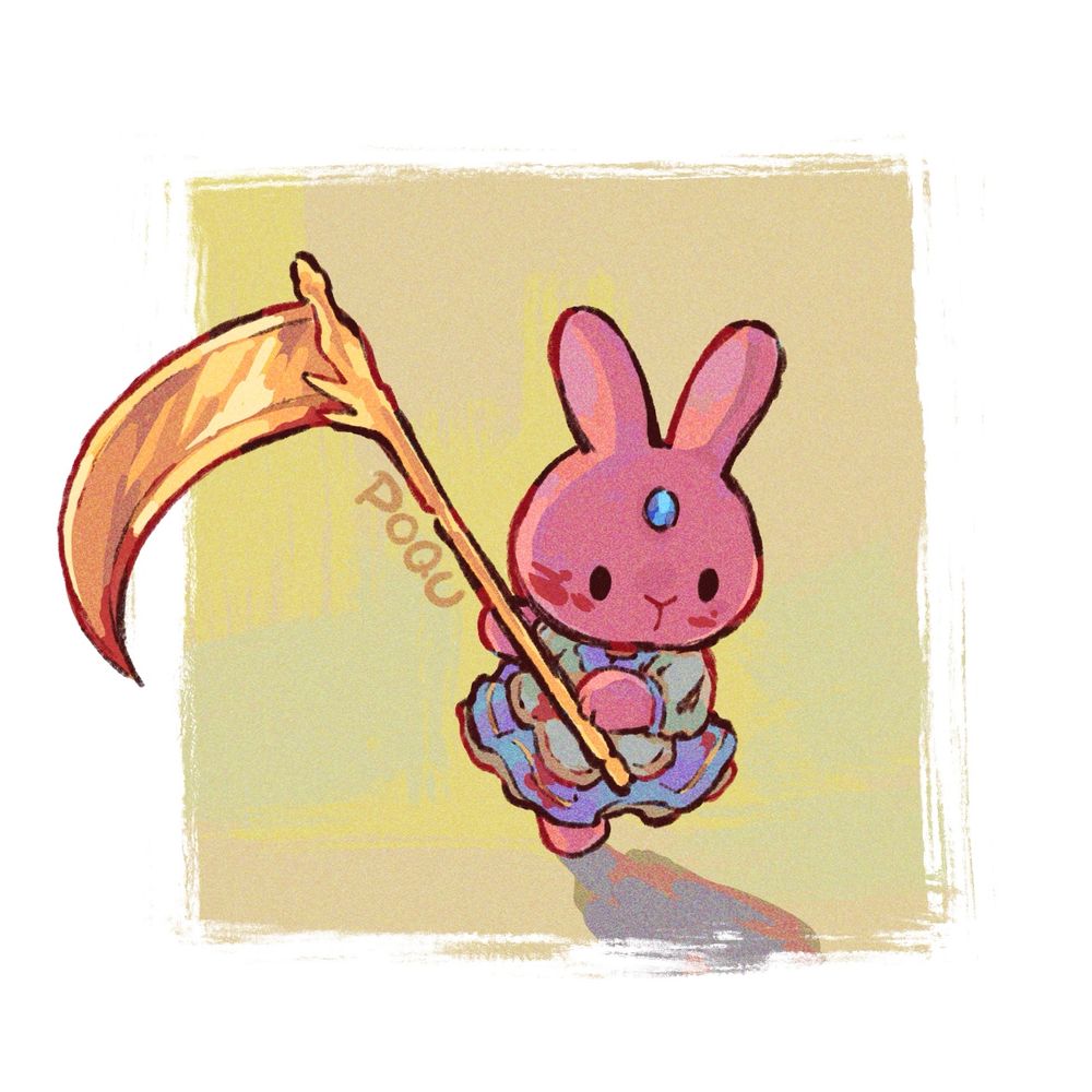 illustration of a pink bunny-looking creature wearing a dress. it’s running, holding a golden scythe, with blood splatters on its clothing and scythe 