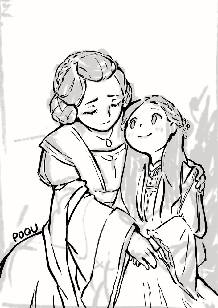 sketch of elvira holding rozemyne lovingly from ascendance of a bookworm.