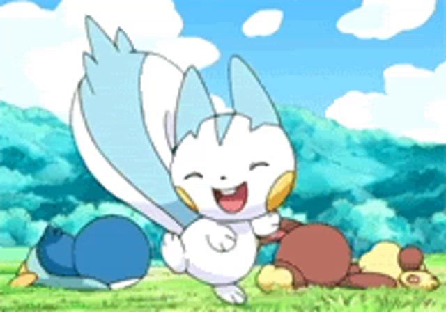 a cartoon character with a blue tail is laughing in the grass