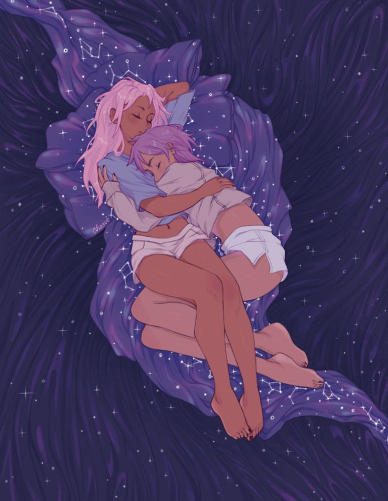 Two women sleeping together on a blanket/pillows with galaxy/star patterning, running from the top left corner to bottom right. A darker, sheet-like background also is galaxy/star patterned 