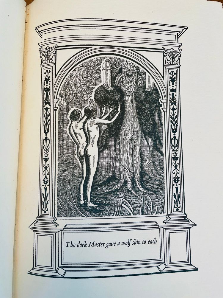 woodcut image in black and white of a man and woman, in a forest, as a menacing tree seems to be handing them wolf pelts. The caption reads “The dark Master gave a wolf skin to each.” 