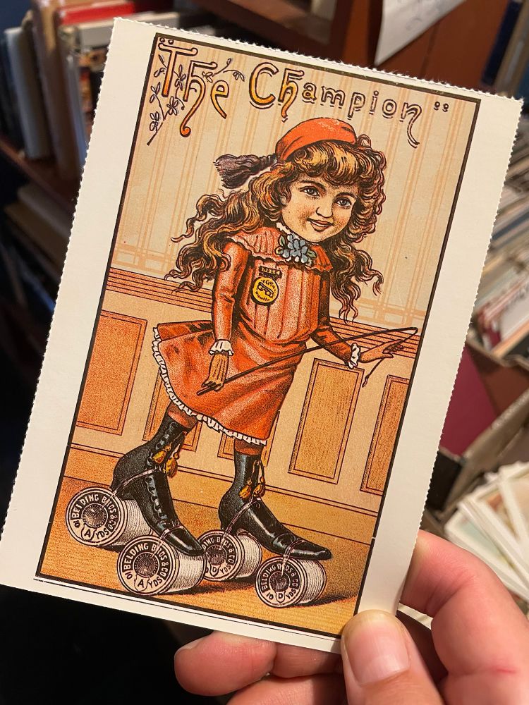 a post card of a drawing of an adult-looking Victorian child with monstrous proportions who appears to be rollerskating with improvised skates and she is holding a crop