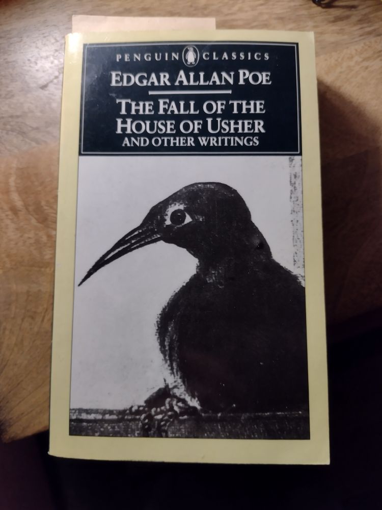 A book of Poe writings with an awkwardly cute and not at all scary raven on the cover.