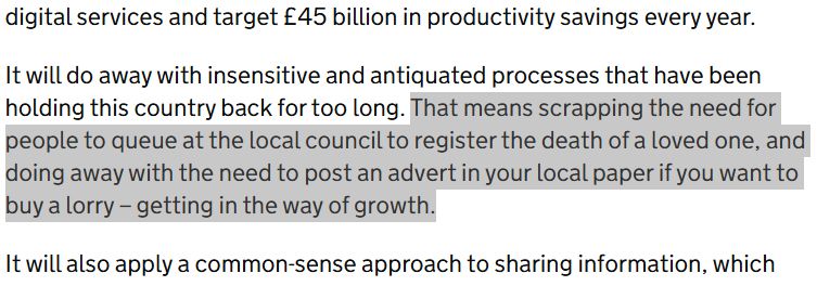 Highlighted text reads: 
That means scrapping the need for people to queue at the local council to register the death of a loved one, and doing away with the need to post an advert in your local paper if you want to buy a lorry -- getting in the way of growth.