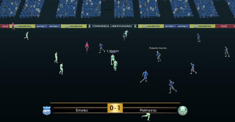PES 2013 com patch. estou jogando emelec 0 x 1 palmeiras na libertadores. só que eles estão jogando na escuridão, pois o campo está todo preto, o estádio também e as linhas de marcações de campo não existem.