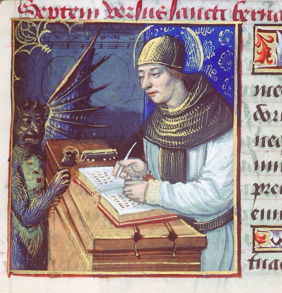 Saint Bernard de Menthon et le diable (Titivillus) Tours BM – ms. 2104, fol-149. Book of Hours, Use of Rome. France, c. 1510. Temptation of St. Bernard.
