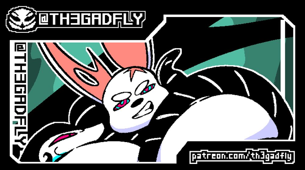 cropped image of a bunny anthro woman in the coils of a snake woman

Tag above says “@th3gadfly” 
Link below says “patreon.com/th3gadfly”