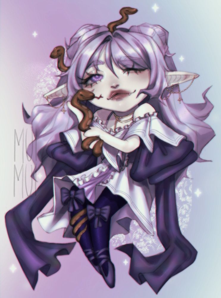 Chibi with long purple hair, dress, holding one snake in hands, another snake on the leg and 2 more snakes coming out of their hair