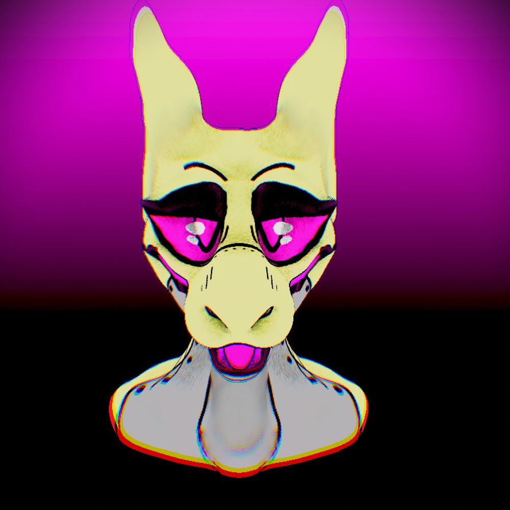 A front shot of Kair. The seams in their skin are more obvious here, and they look toward the camera with nefarious and silly intent, trouble (and LEDS) glistening in their eyes